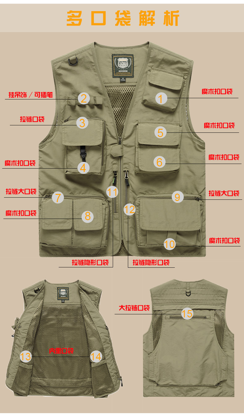 工装跨境透气坎肩马甲定制男士摄影多口袋钓鱼安全反光背心印logo详情6