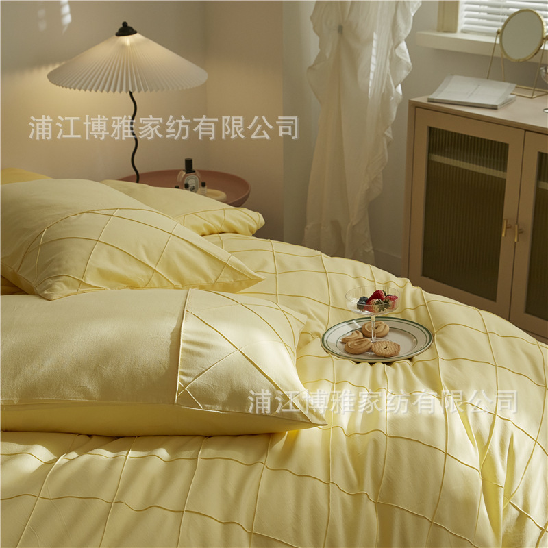 Wholesale of high-quality three or four-piece sets of washed cotton 40-count hand-knitted rhombus-shaped checkered plain pure cotton bedding pic 36