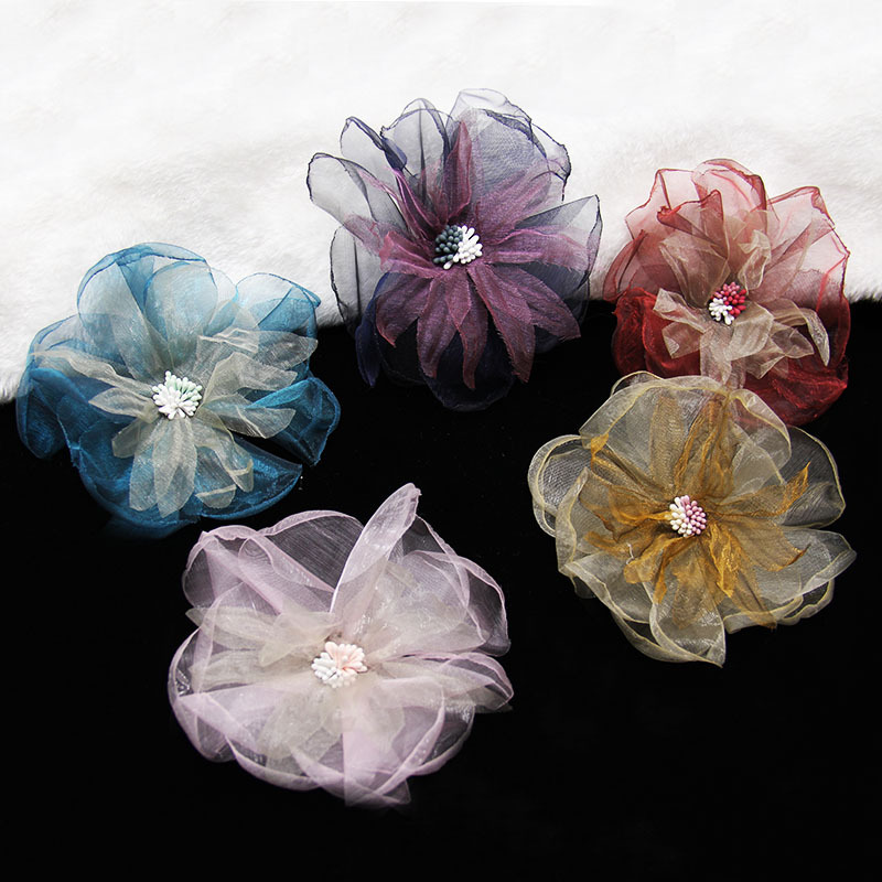Multi-layer three-dimensional gauze flower hand-beaded diy dress shoe flower brooch accessory, Organza flower accessory pic 3