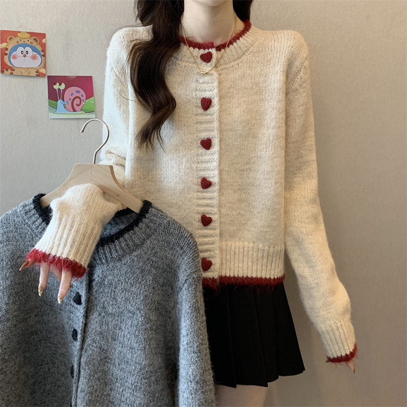 KANING拼色爱心纽扣针织开衫女2025早春新款慵懒风软糯毛衣外套女详情3