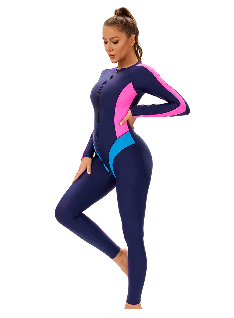 New color-block one-piece Muslim swimsuit for women, cross-border long-sleeved and long-sleeved trousers, conservative full-body zip-up swimsuit pic 8