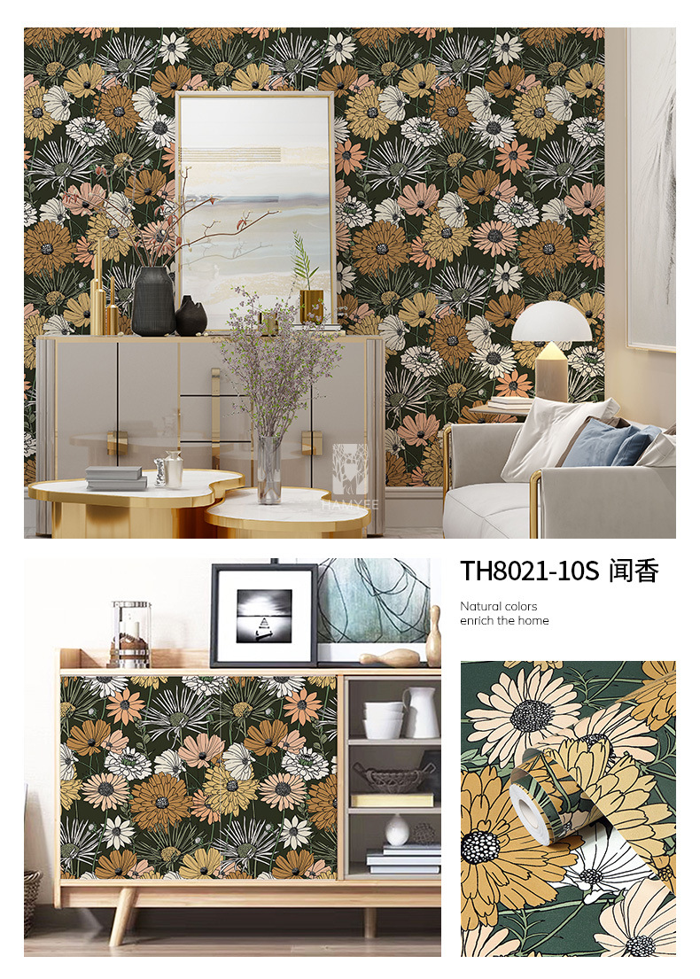 跨境加厚花卉墙纸PVC壁纸自粘卧室装饰防水墙布自贴批发wallpaper详情20
