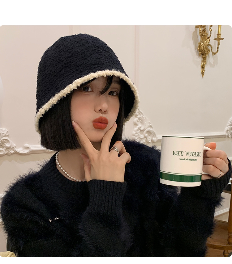 黑色针织毛绒渔夫帽女秋冬季韩版大头围水桶帽日系百搭显脸小帽子详情5