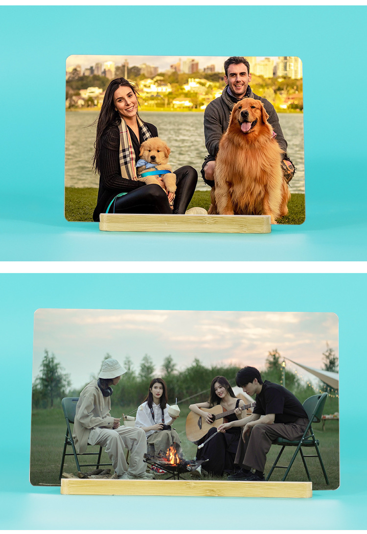 Modern and simple horizontal and vertical photo frame ornaments with bamboo and wood bases and blank display stands. The heat-sublimated aluminum photo frame can be placed horizontally or vertically pic 11