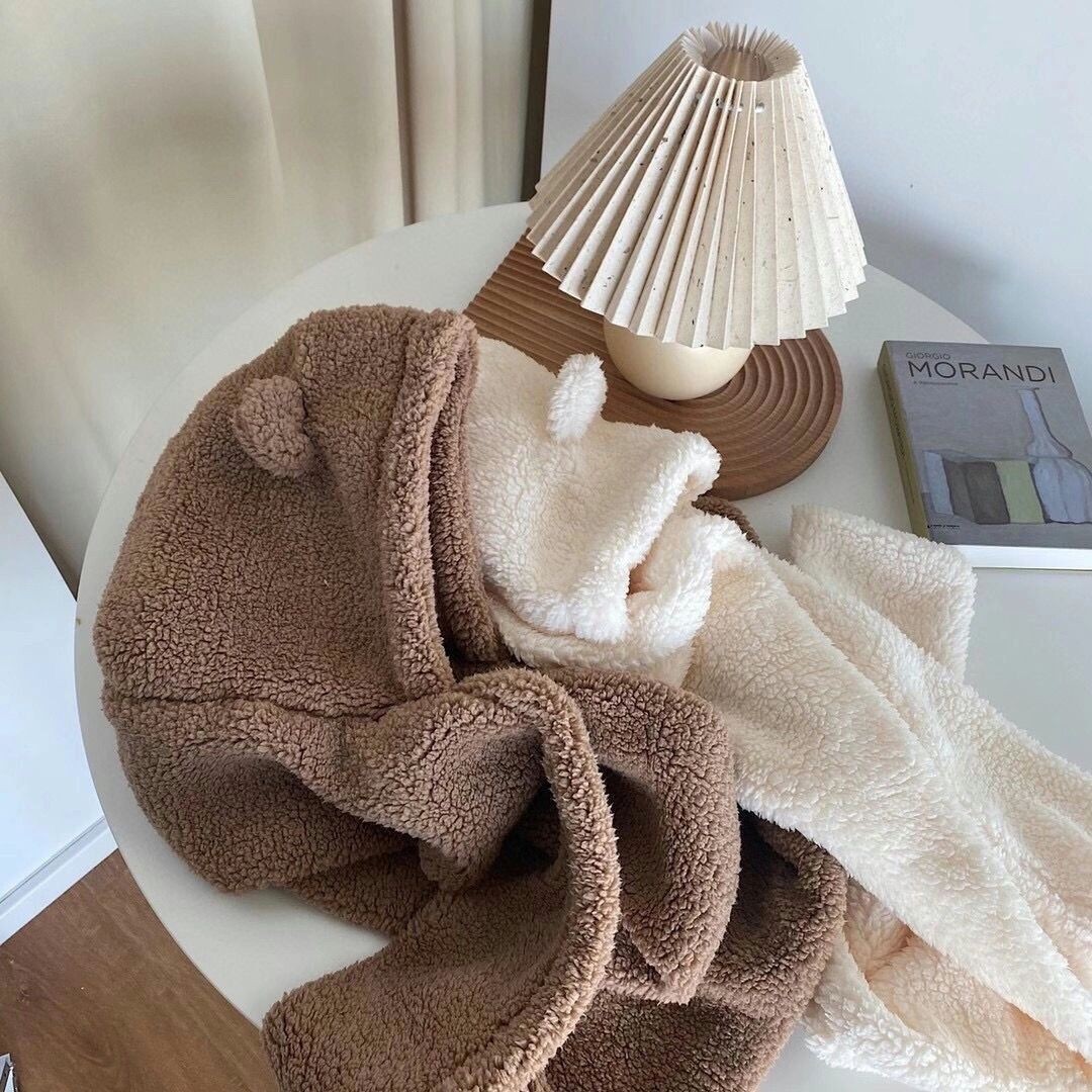 秋冬款小熊帽子围巾一体手套三合一毛绒双层加厚多功能护耳保暖帽详情6