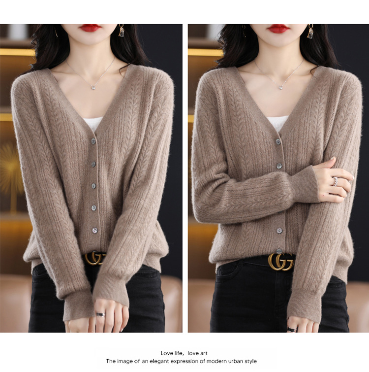 绒狼2023秋冬新款女士V领羊毛针织麻花开衫宽松长袖短款外套女详情12