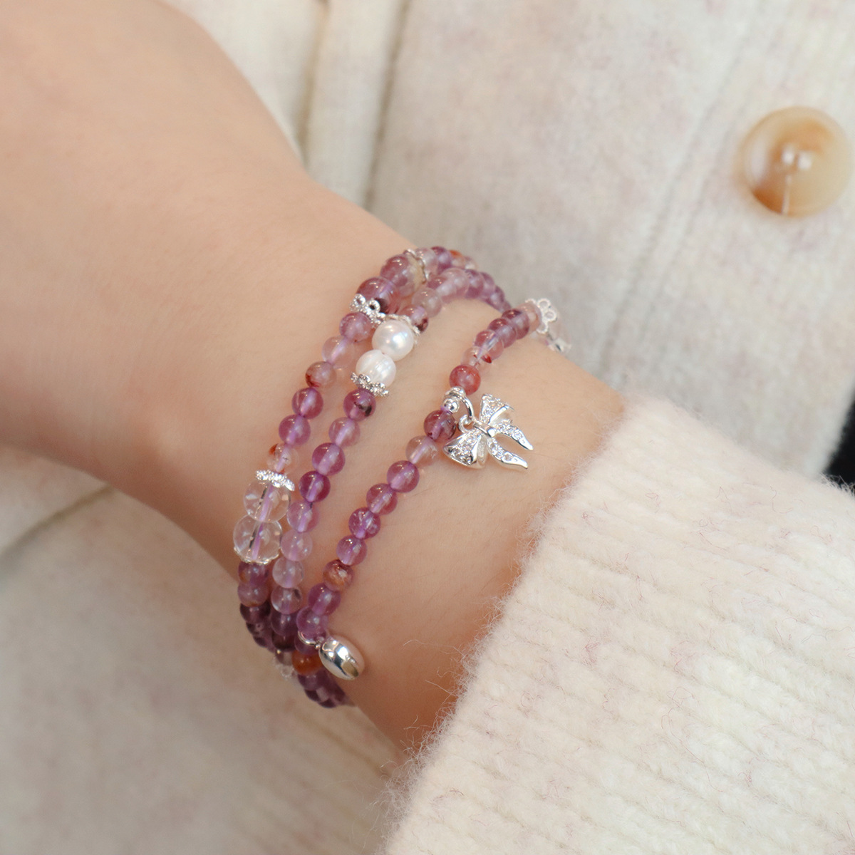 天然紫水晶手链紫幽灵三圈高级感设计黄水晶手串塔晶饰品详情14