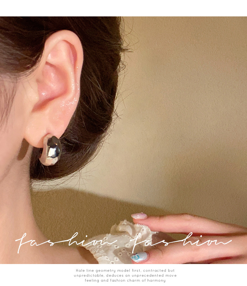 European and American niche matte metal brushed and cut silver earrings, trendy and individualistic, irregular stud earrings pic 15