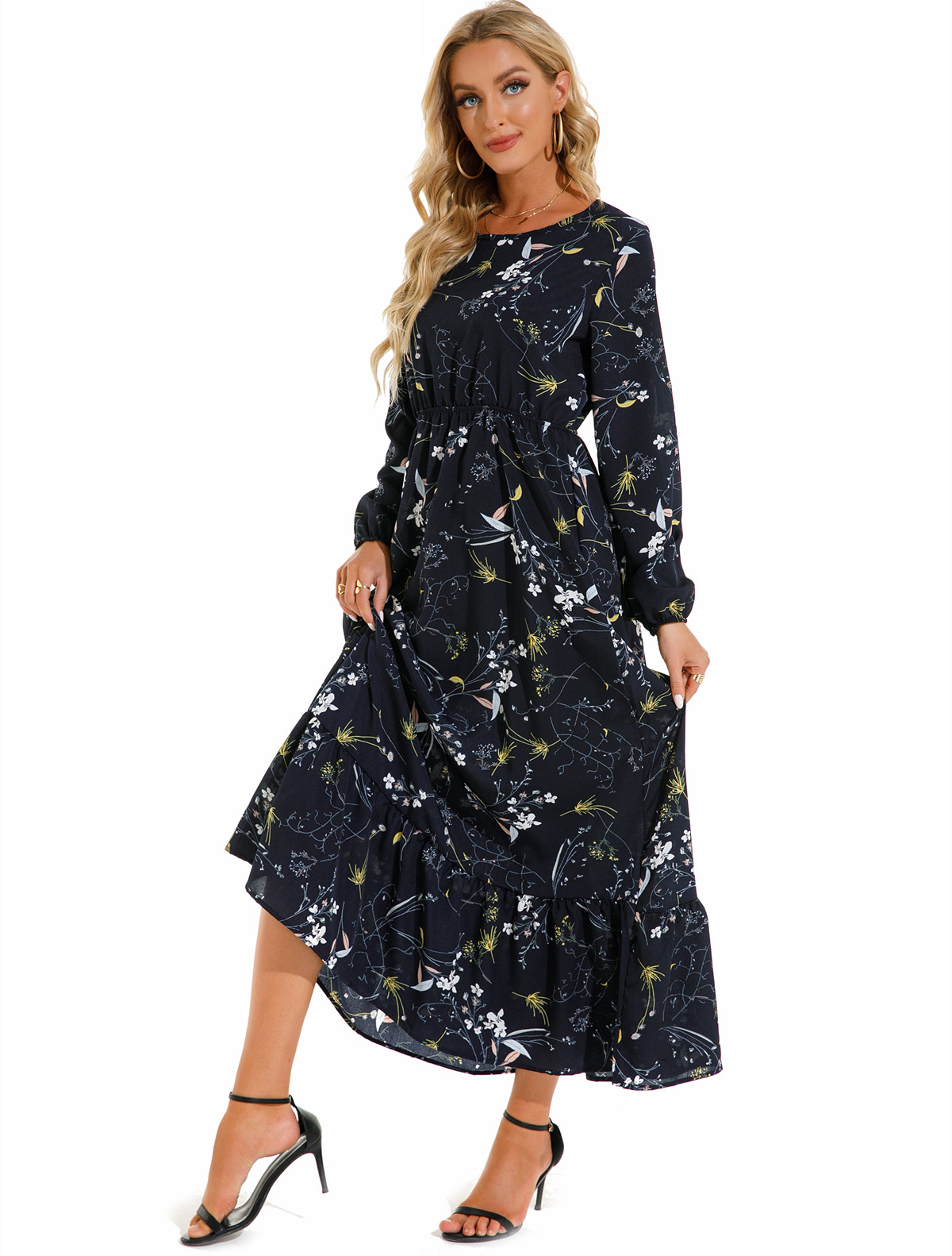 European and American floral long, round-neck, long-sleeved, waist-cinching and slimming dress pic 30