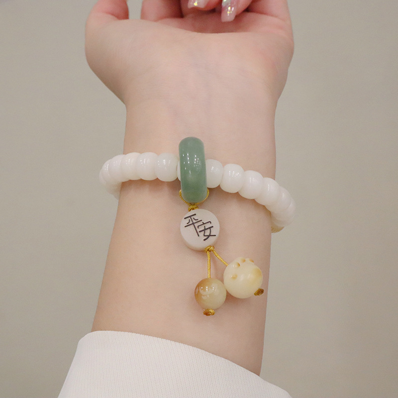 天然白玉菩提雕刻莲花佛珠手串搭配平安猫爪原创设计菩提子手链女详情8