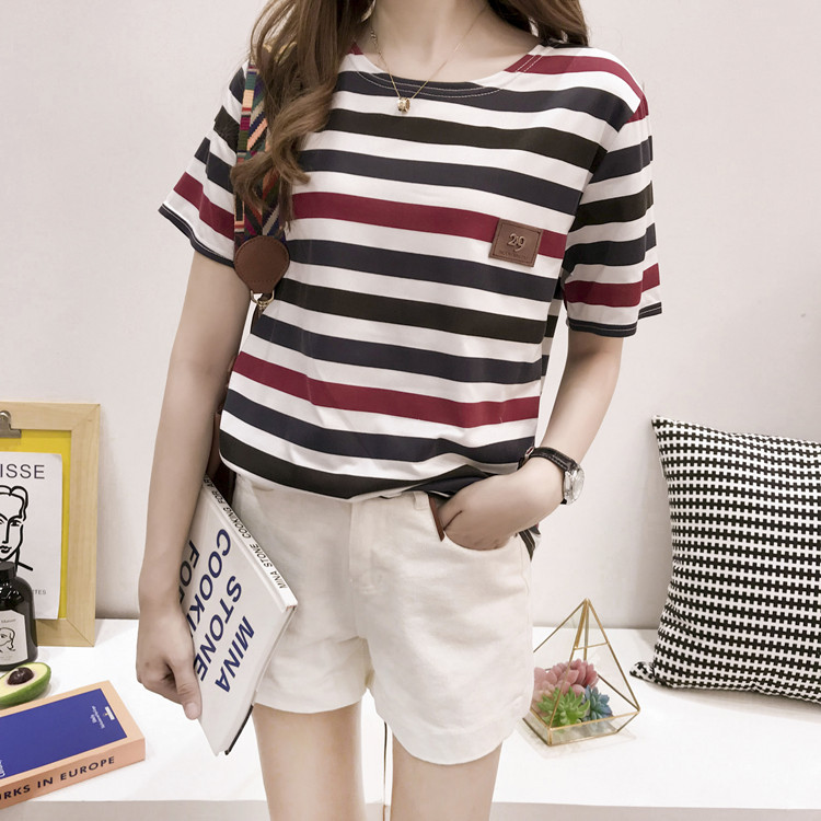 批发2022夏季新款韩版条纹短袖t恤女士宽松衣服上衣女装一件代发详情28