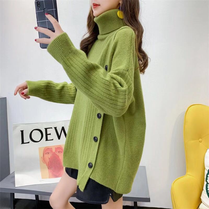 A new Korean style high-neck sweater for women in the autumn and winter of 2023, a loose and laid-back mid-length irregular knitted top pic 6