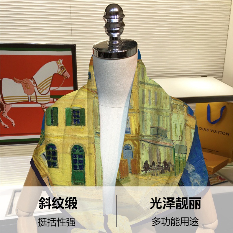艺术山水油画缎面90方巾高档梵高油画装饰艺术展画展裱画女士围巾详情4