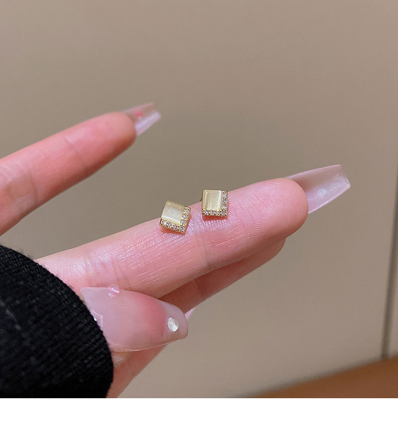 S925银针小巧简约猫眼石耳钉女设计感几何镶钻耳环睡觉不用摘耳饰详情12