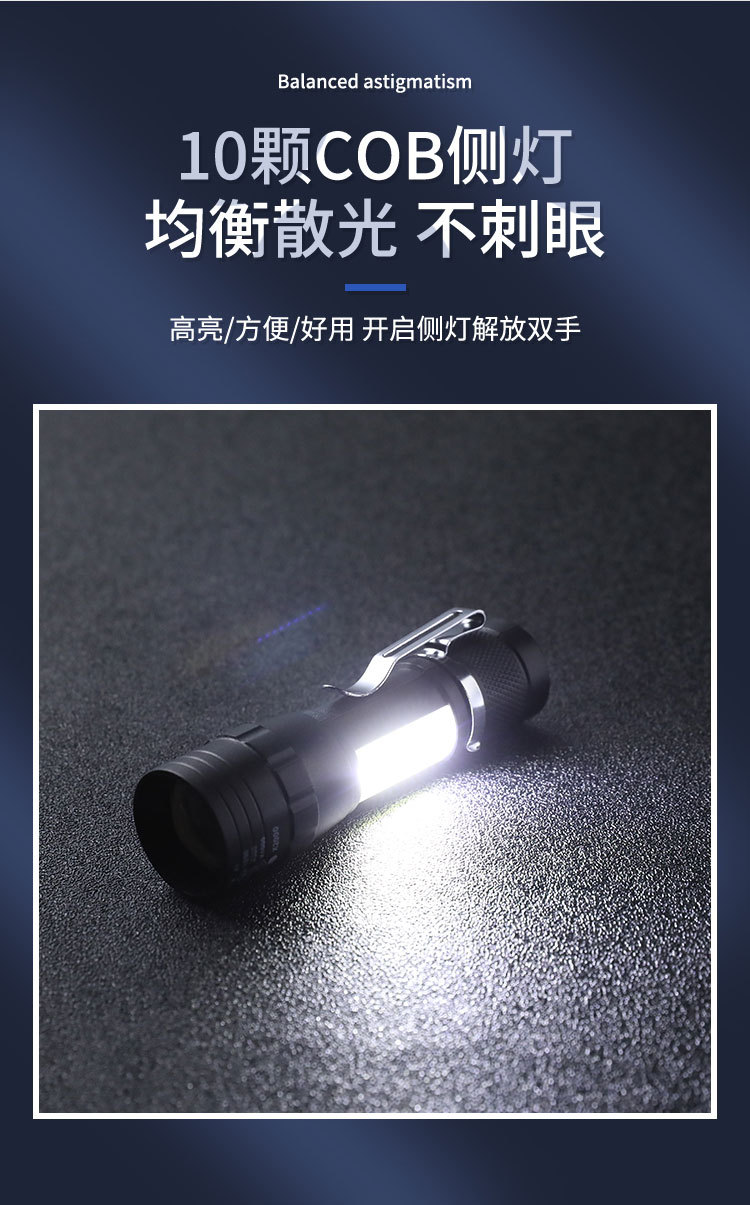 新款迷你小手电筒 小便捷带盒手电LED 伸缩变焦USB充电手电筒批发详情7