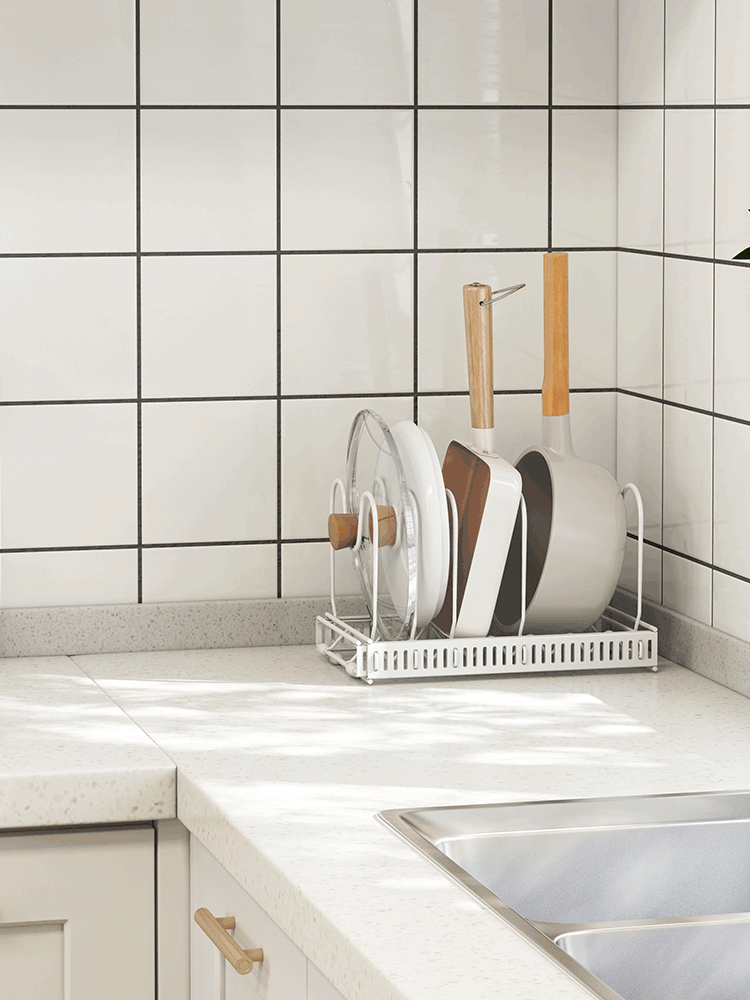 The adjustable kitchen storage rack can store multiple layers of kitchenware, cutting boards, cutting boards, pot LIDS, pot racks and other items. It is a telescopic storage rack pic 23