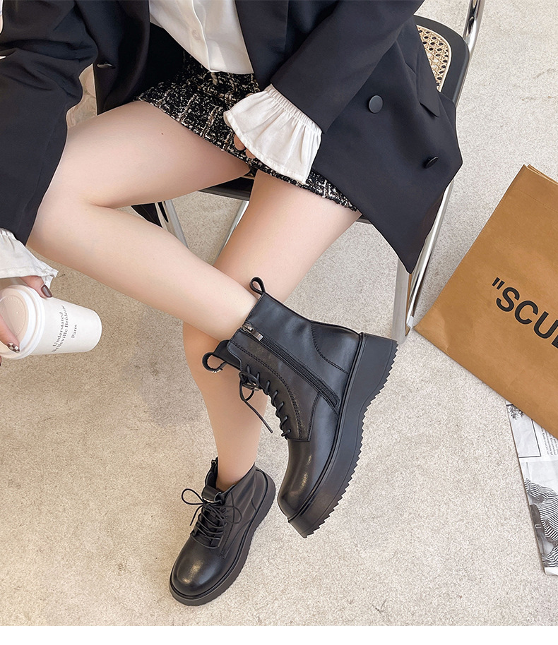 头层牛皮马丁靴女英伦风侧拉链真皮圆头厚底短靴一件代发黑色皮靴详情16