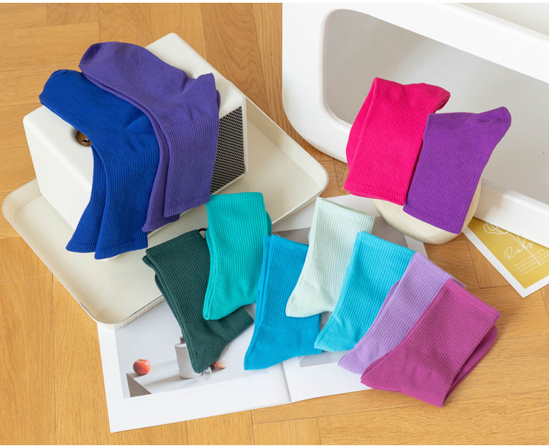 糖果色女士袜子女长筒春秋季简约ins潮流中高筒学生运动彩色棉袜详情11