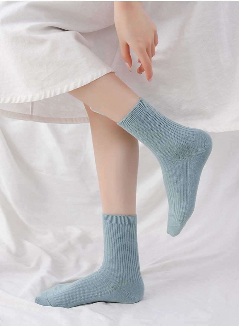 Nuevo estilo mujer doble aguja calcetines color sólido tira fina casual media tubo calcetines mujeres engrosado cálido otoño invierno 100% algodón calcetines al por mayor pic 12