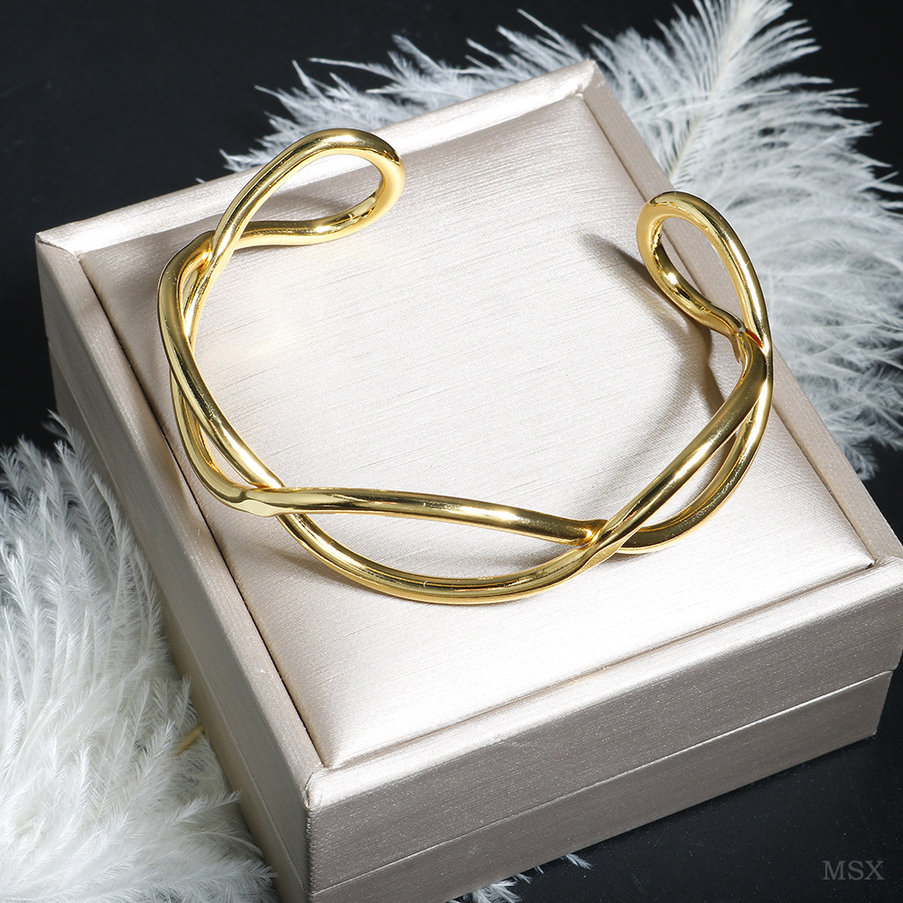 Simple oval cross-opening bracelet, European and American style trendy wristband, personalized and fashionable stainless steel jewelry wholesale for women pic 6