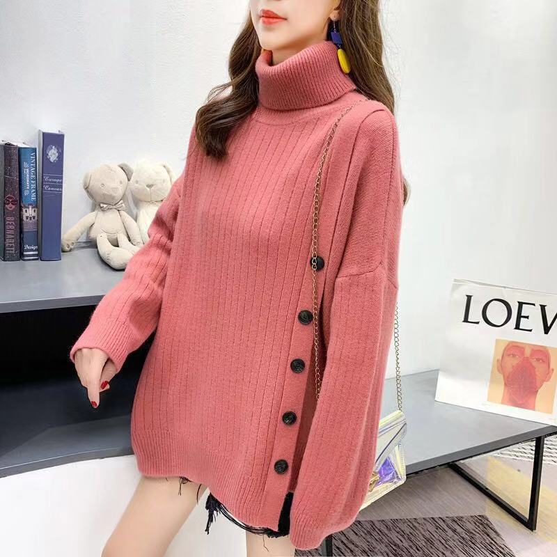 A new Korean style high-neck sweater for women in the autumn and winter of 2023, a loose and laid-back mid-length irregular knitted top pic 10