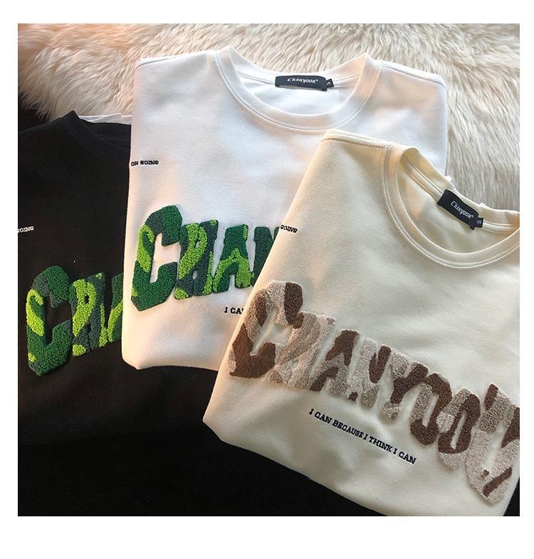 American retro 2022 early spring new collection: Loose couple round-neck white short-sleeved T-shirt with towel embroidery, trendy for women on Instagram pic 5