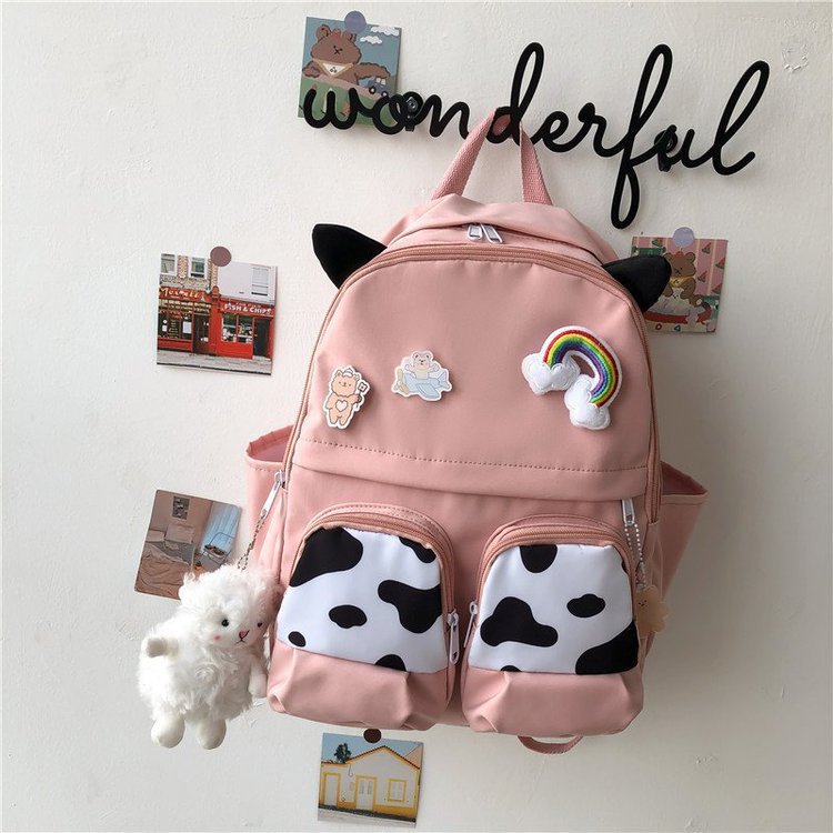 Japanese-style ins campus school style, fresh and cute, cute cow with earbuds, soft girl schoolbag, funny student backpack pic 87