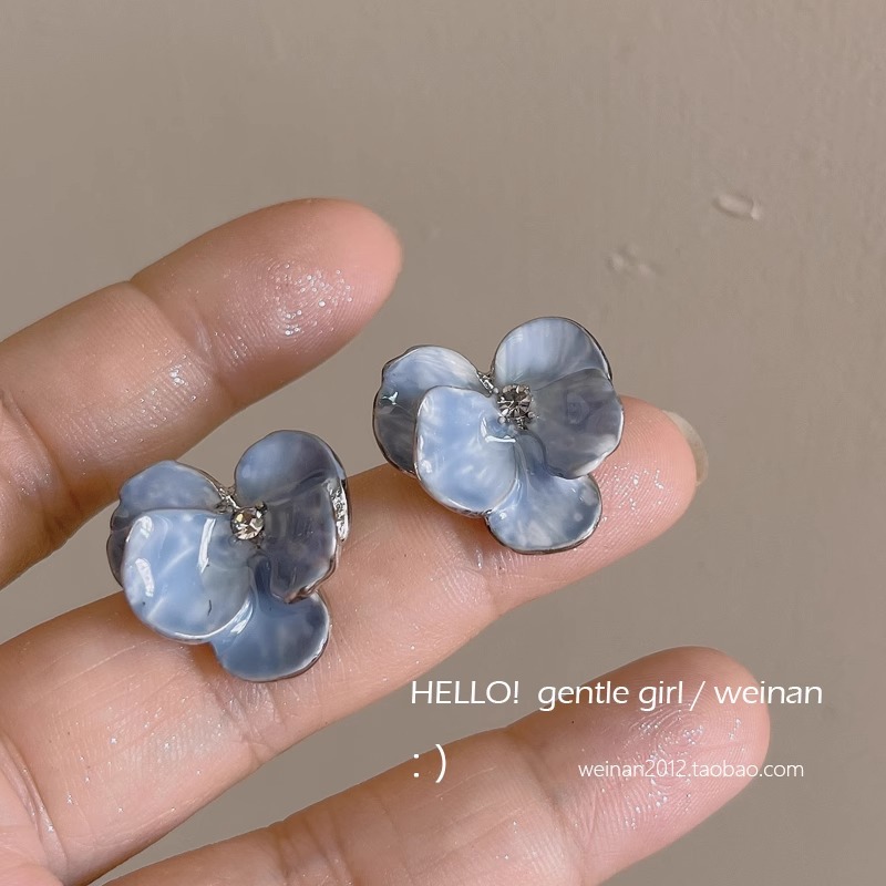 Blue flower earrings, mosquito-repellent incense plate ear clips, no holes, high-end, niche retro style, light luxury stud earrings, Korean-style earrings pic 16
