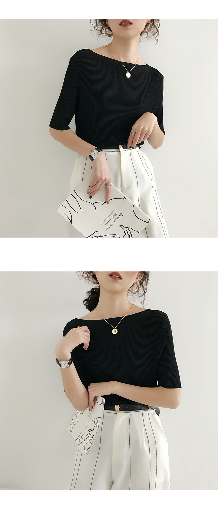 2021春秋新款百搭宽松一字领冰丝内搭针织上衣中袖T恤详情20