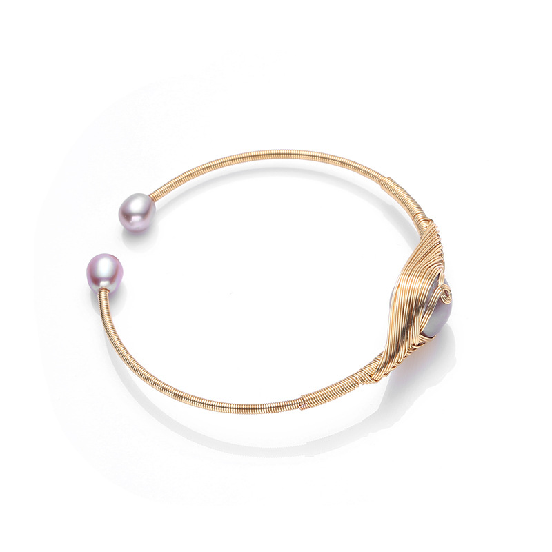 Japanese and Korean style natural freshwater pearl 14K gold-plated open bracelet, single large purple pearl peacock wound bracelet for women pic 11