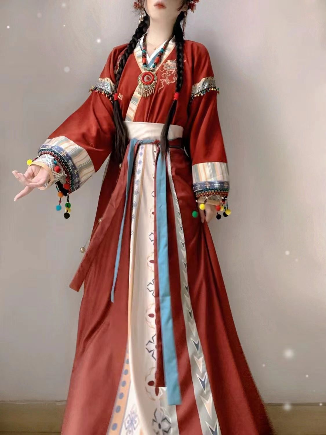 国潮新款魏晋唐褙子三件套【红不拉叽】汉服正版女成人国风套装拜年服详情11