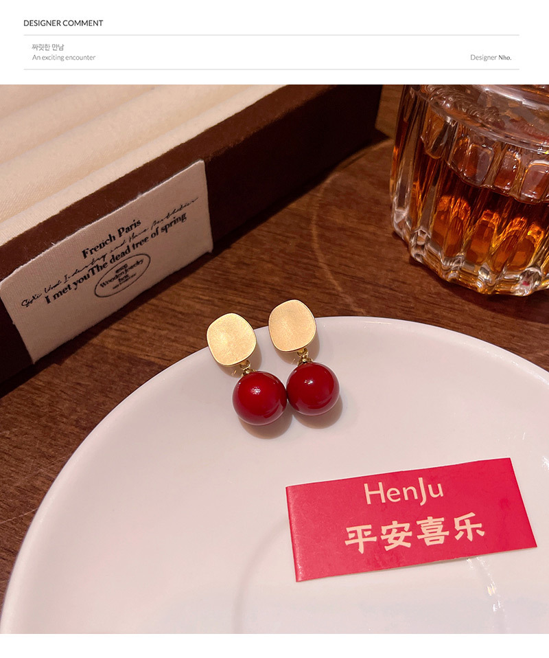 新年喜庆安可拉红色珠子耳钉女哑光拉丝几何形耳钉港风复工耳饰品详情20