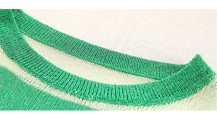 02# See-through shiny silk sparkling knitted sweater for women's summer, three-quarter sleeve, striped, color-blocked loose, sun-protective, thin chic top pic 8