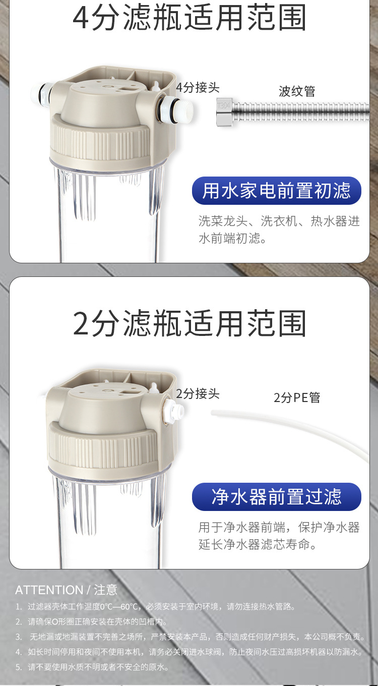 透明10寸滤瓶2分4分前置过滤器PP棉泥沙铁锈净水器铜口免挂板防爆详情10