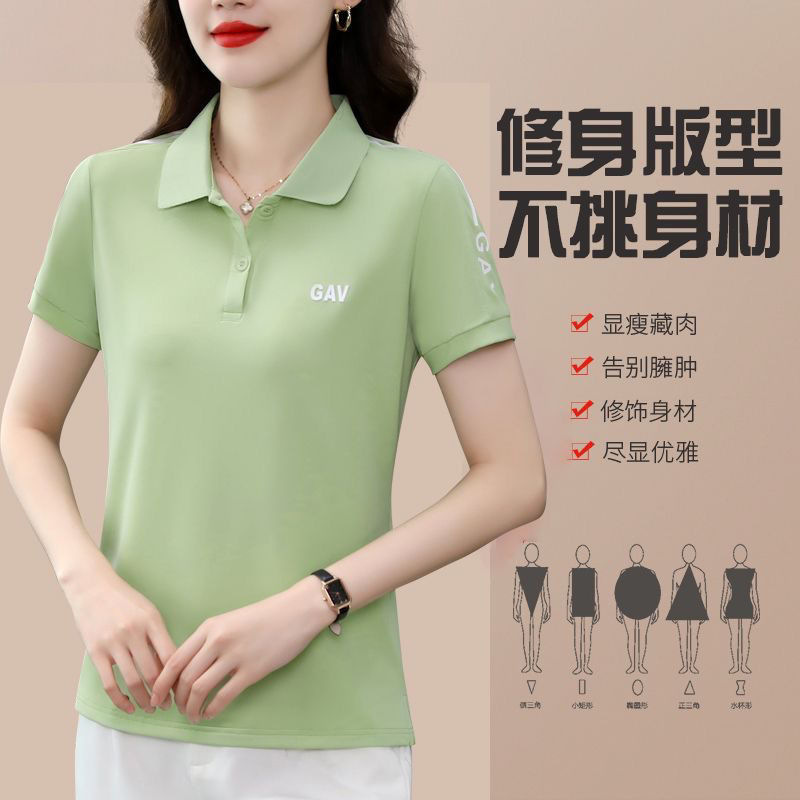 夏季新款短袖t恤女翻领大码宽松休闲中年妈妈POLO衫纯色运动上衣详情4