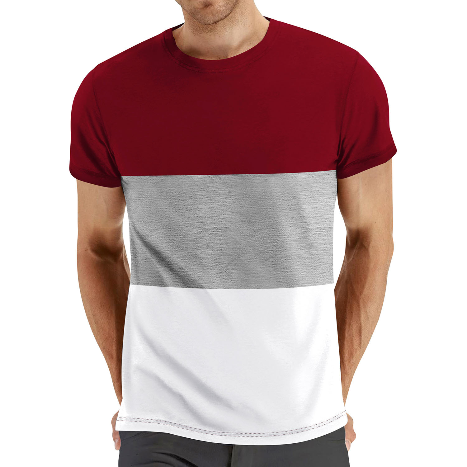Amazon summer plus-size casual round-neck short-sleeved men's top, cross-border color-blocked men's fashionable fitness and sports T-shirt pic 48