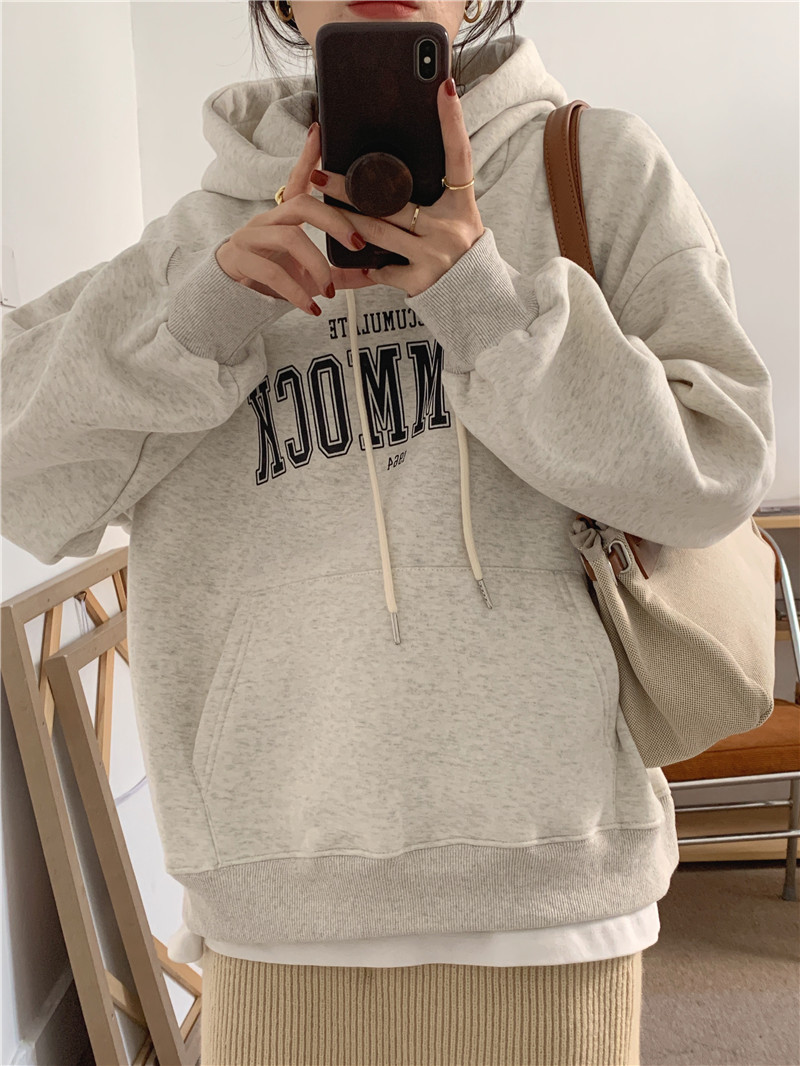 Letter-printed pullover with fleece hooded sweatshirt for women 2023 autumn/Winter new style Korean loose and versatile long-sleeved top pic 1