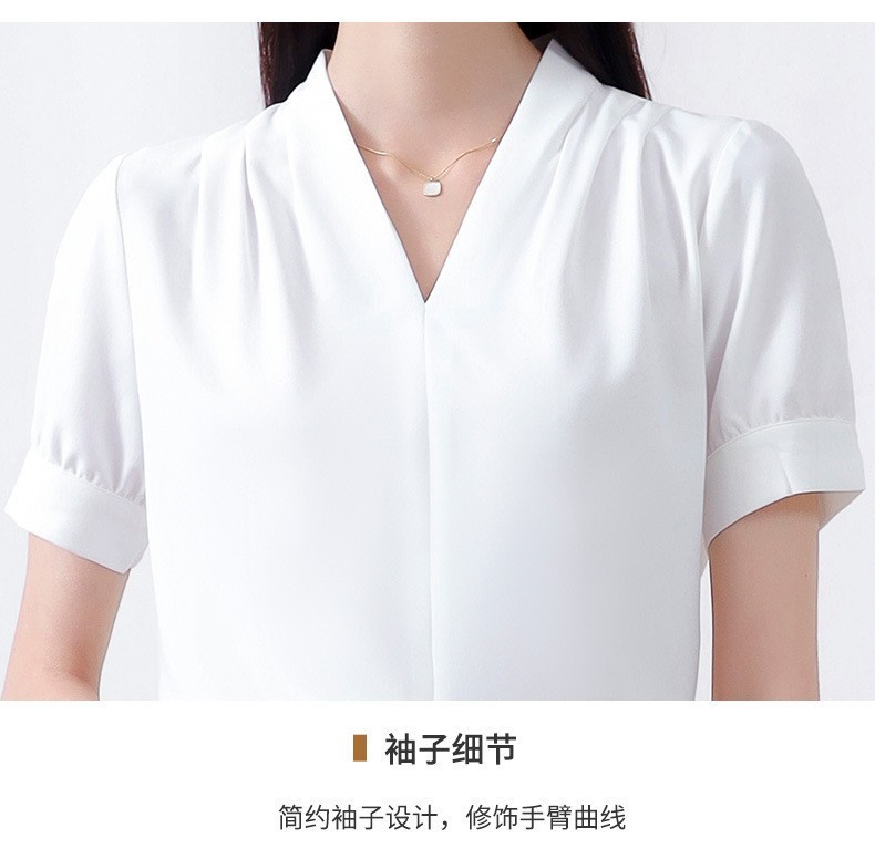 白色雪纺V领短袖衬衫女夏季高级感职业气质通勤垂感时尚百搭上衣详情16