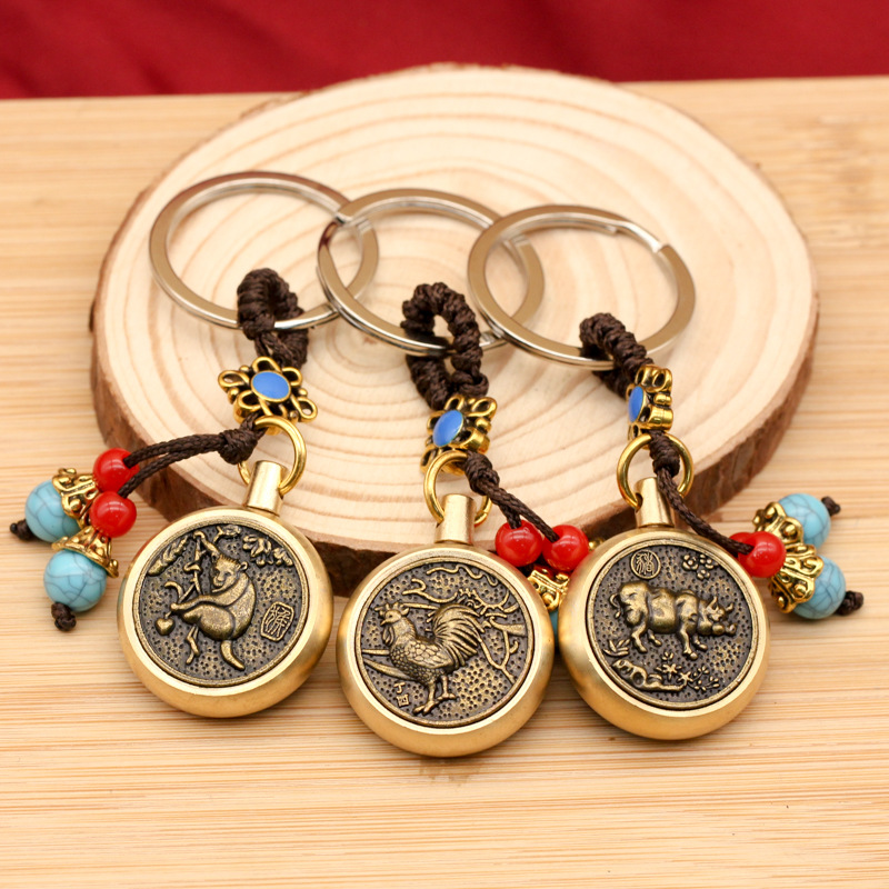 黄铜复古蓝珠绳中式生肖旋转创意钥匙扣配件小礼品小汽车挂件批发详情6