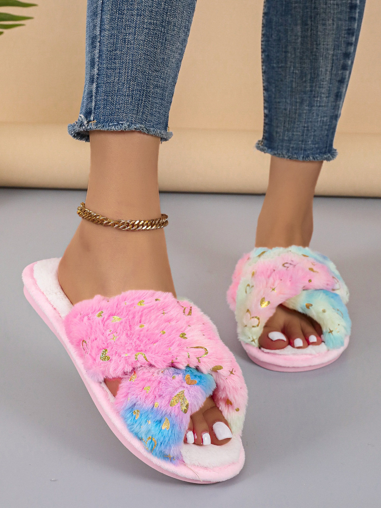 亚马逊交叉彩色毛毛绒拖鞋2024秋冬新款室内保暖棉鞋漏趾毛毛拖鞋详情11