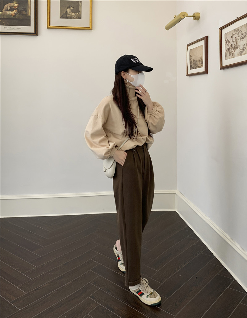 Apricot-colored woolen pants for women in the autumn and winter of 2022: loose, slimming, thickened, warm, and casual, grandma and dad pants pic 13
