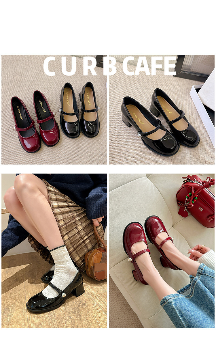 苏茵茵人间芭比韩国圆头珍珠红色粗跟单鞋玛丽珍鞋女小皮鞋详情1