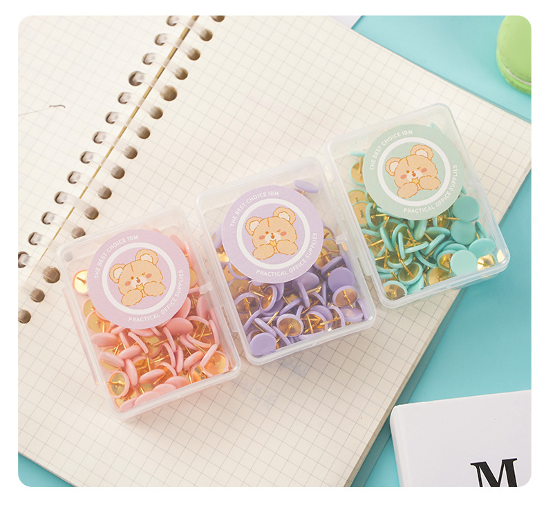Wholesale macaron-colored box paperclip long tail clip set, cute bear ticket clips, thumbtacks, pins, binding stationery pic 27