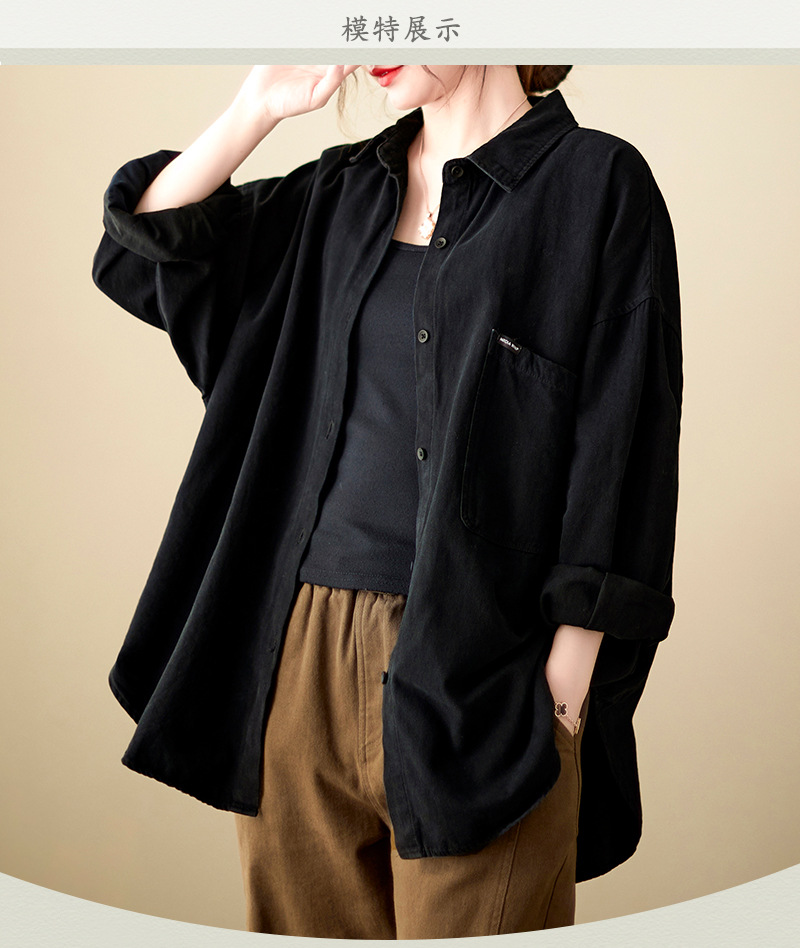 4色入纯色翻领长袖衬衫外套女宽松2024秋季新款文艺大口袋衬衣潮详情9