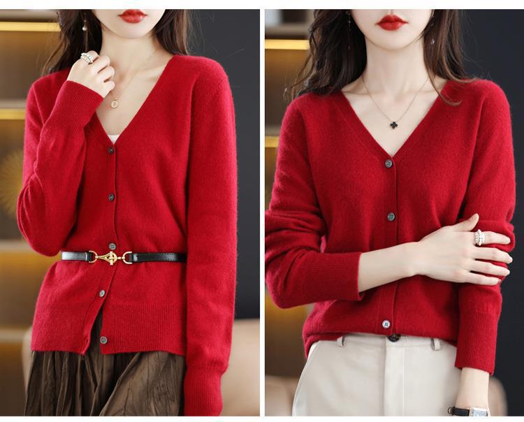 New Spring and autumn knitted cardigan for women, V-neck loose short solid color long-sleeved versatile sweater coat made of wool blend pic 34