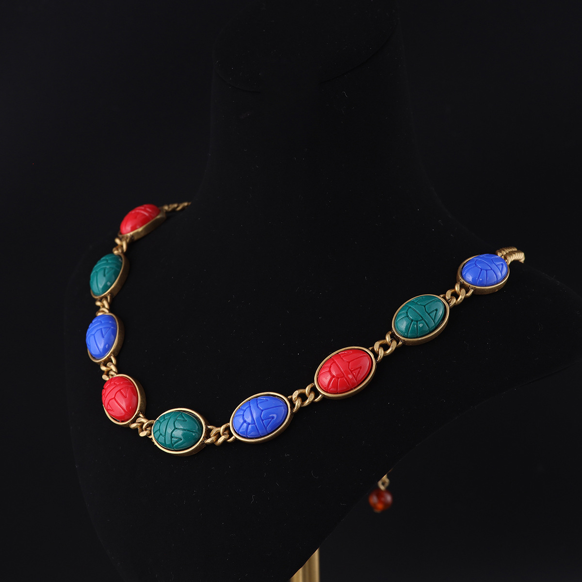 中古vintage高级感时尚小众设计青岛工厂批发三色花纹石项链女款详情4