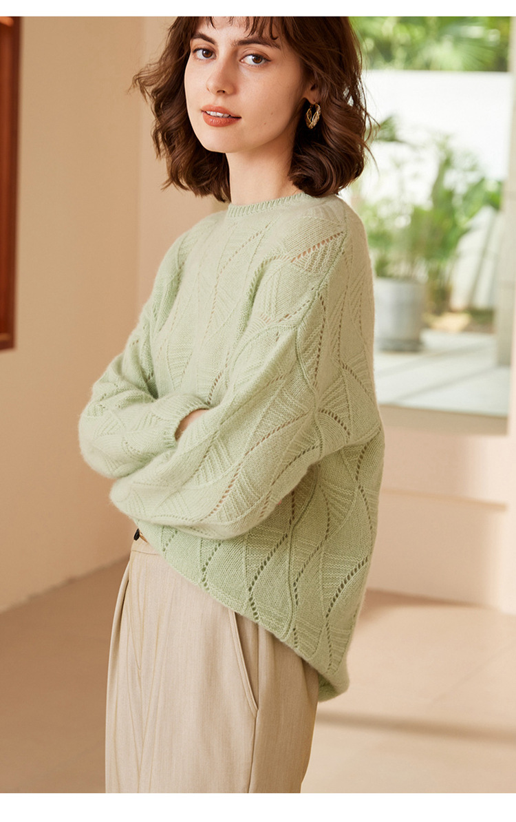 秋冬款圆领树叶镂空100全羊绒衫 韩版简约中长套头毛衣阔版打底衫详情15