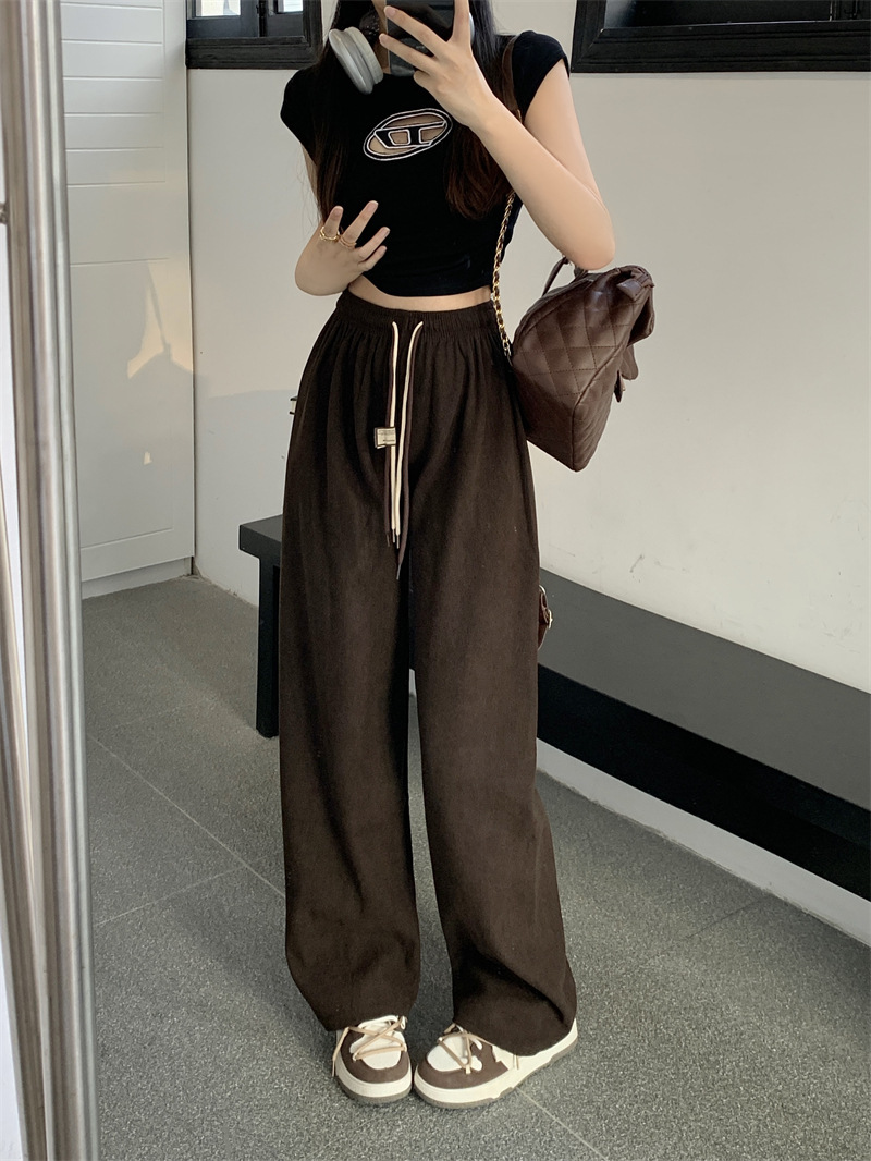 Corduroy ultra-fine corduroy wide-leg pants for women, new autumn style double drawstring smiling face belt casual pants, high-waisted straight-leg pants pic 15