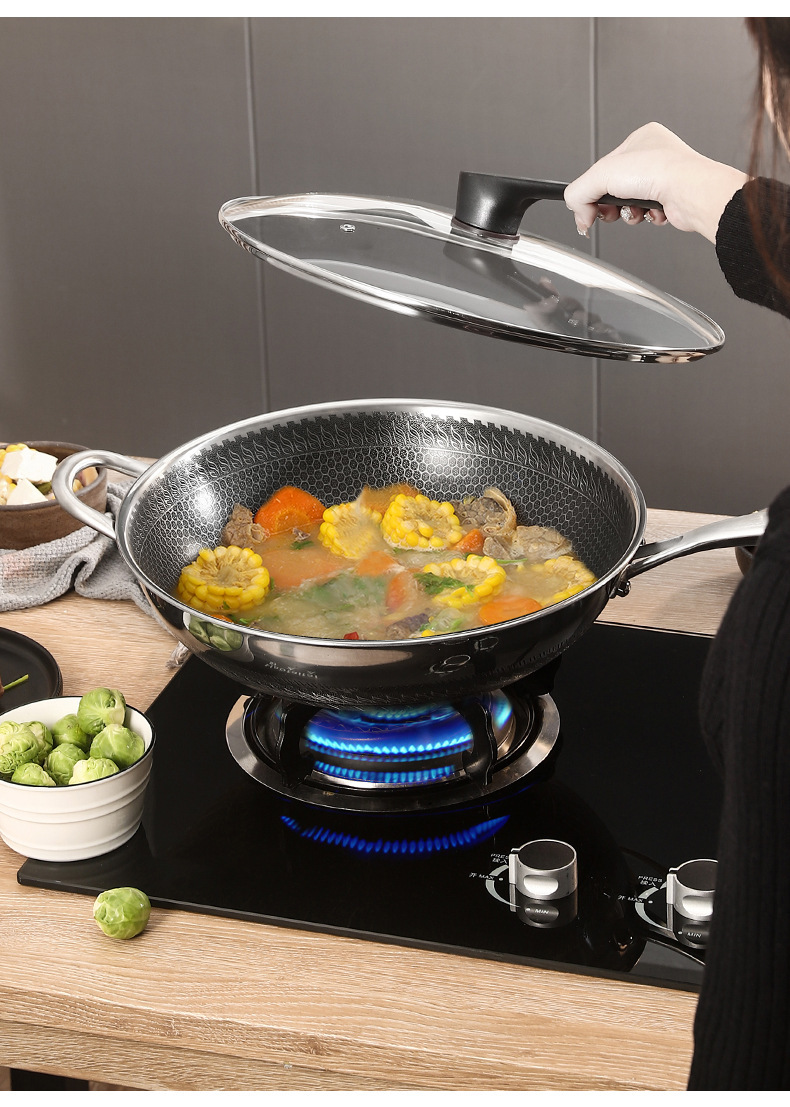 Three-layer steel, two-sided screen, steel handle, household flat-bottomed non-stick wok, stainless steel honeycomb wok, stainless steel wok, wok, ladle, frying pan, single-handle wok, kitchenware, kitchen utensils, one-piece consignment pic 15
