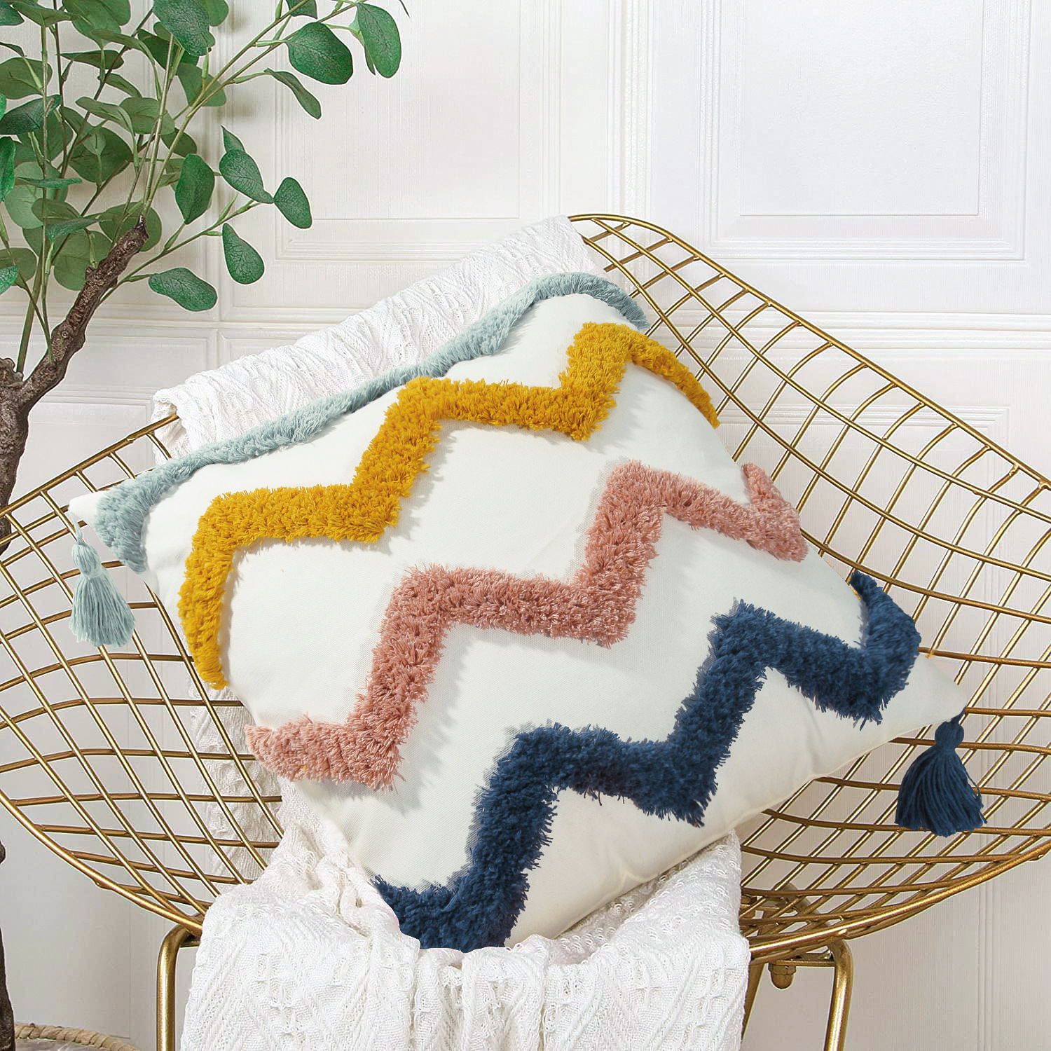 北欧风摩洛哥风格波浪线多色簇绒抱枕套双色手工流苏沙发靠垫套详情5